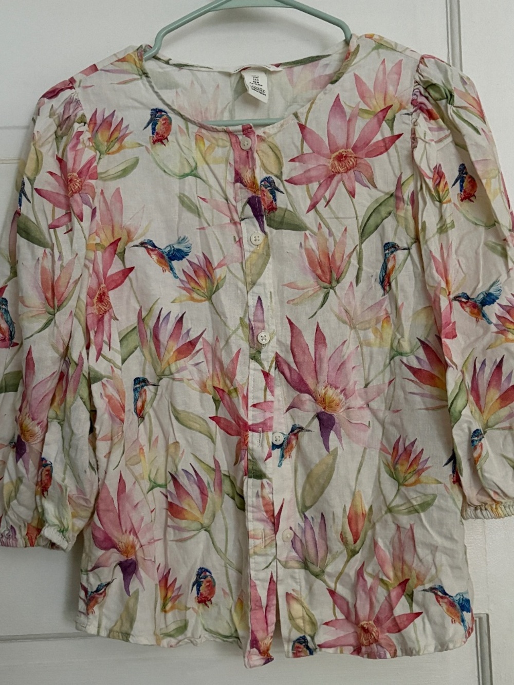H&M Floral Hummingbird Print Linen Blend Blouse - M